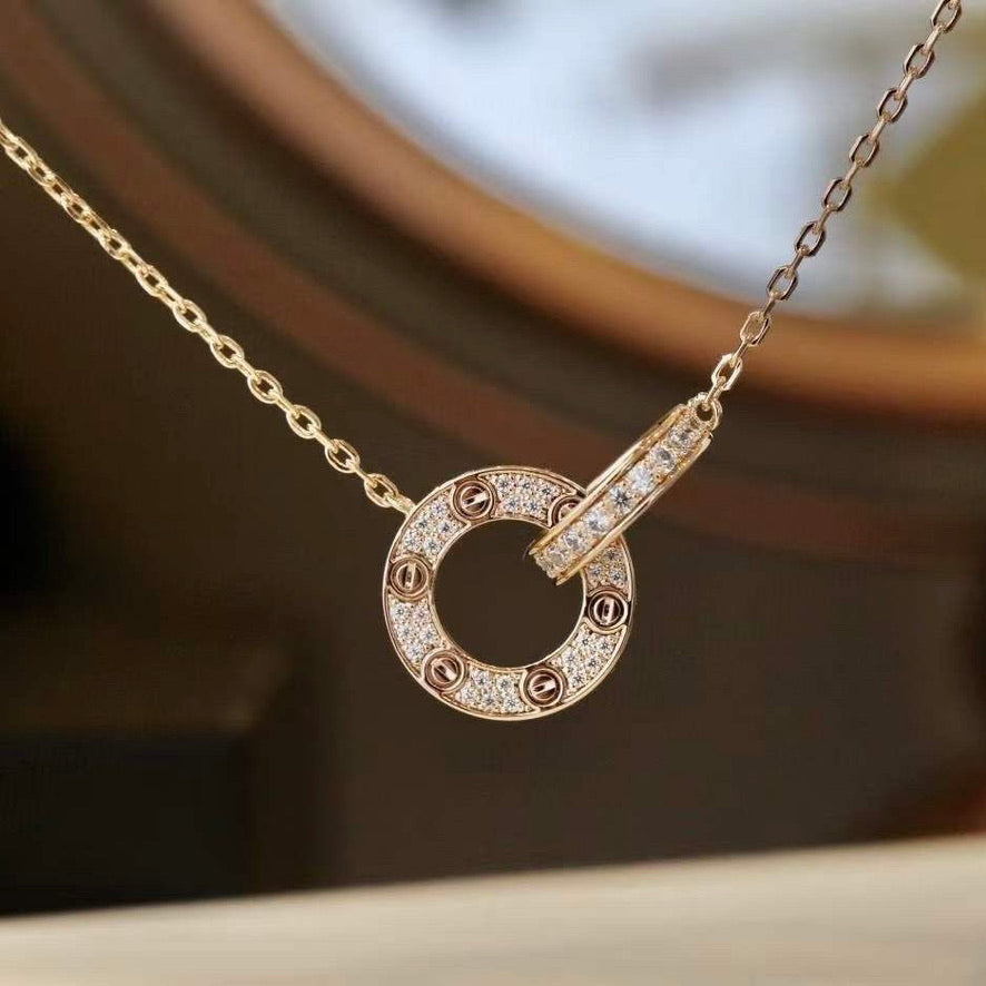 [Elara jewelsry ]LOVE 7.6MM NECKLACE ROSE GOLD AND SILVER  FULL DIAMOND