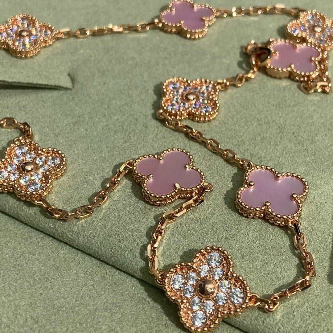 [Elara jewelsry ]CLOVER 10 MOTIFS DIAMOND PINK MOP NECKLACE