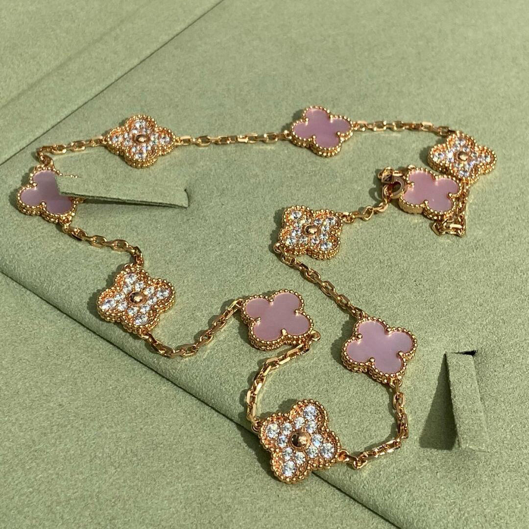 [Elara jewelsry ]CLOVER 10 MOTIFS DIAMOND PINK MOP NECKLACE
