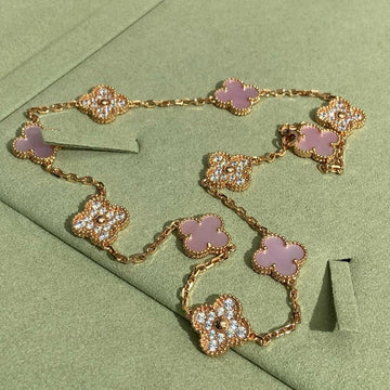 [Elara jewelsry ]CLOVER 10 MOTIFS DIAMOND PINK MOP NECKLACE