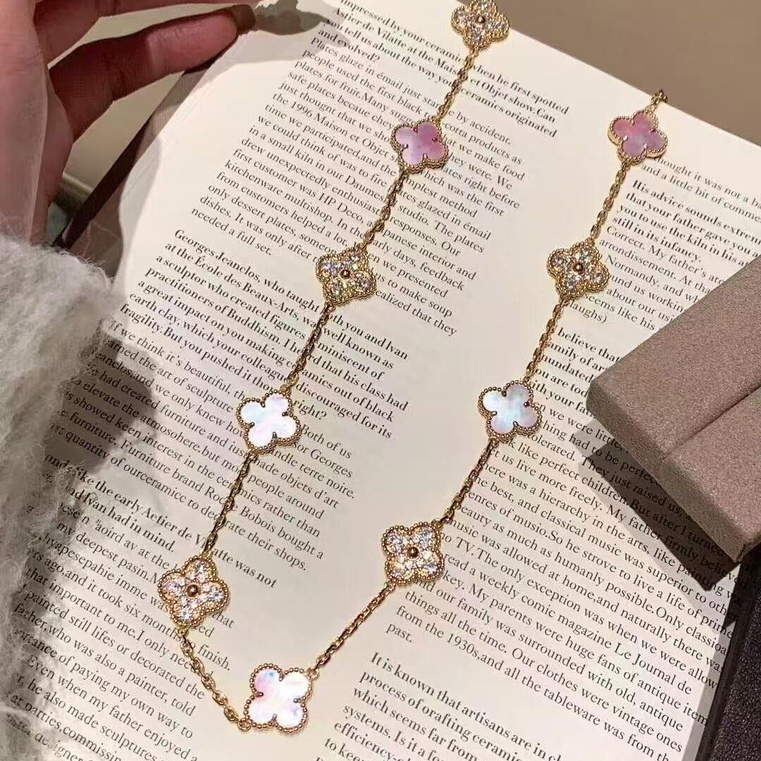 [Elara jewelsry ]CLOVER 10 MOTIFS DIAMOND PINK MOP NECKLACE