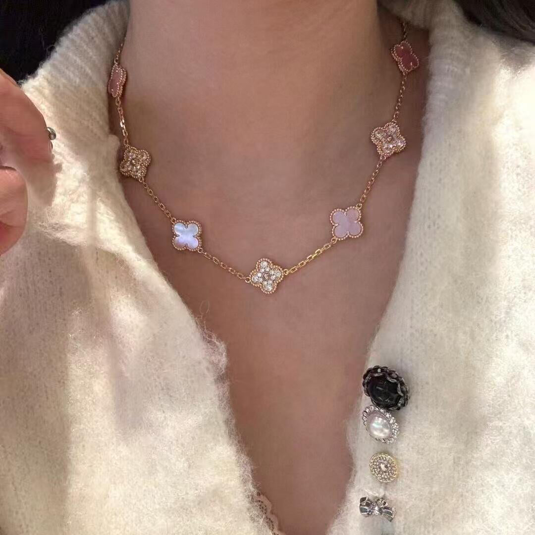 [Elara jewelsry ]CLOVER 10 MOTIFS DIAMOND PINK MOP NECKLACE