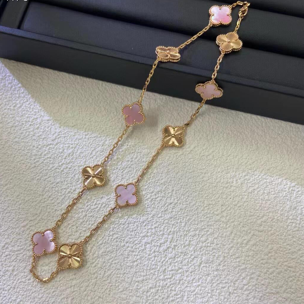 [Elara jewelsry ]CLOVER 10 MOTIFS  LASER PINK MOP NECKLACE