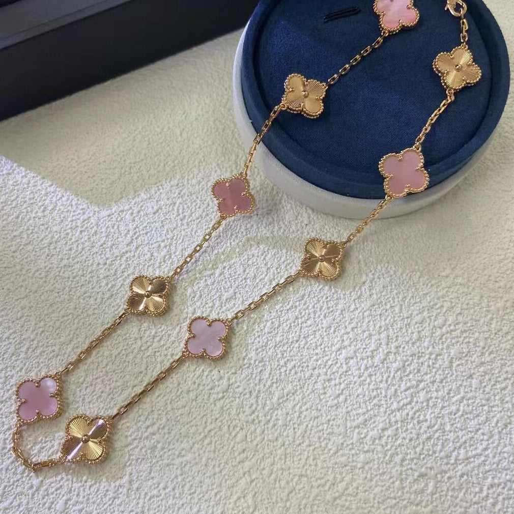 [Elara jewelsry ]CLOVER 10 MOTIFS  LASER PINK MOP NECKLACE