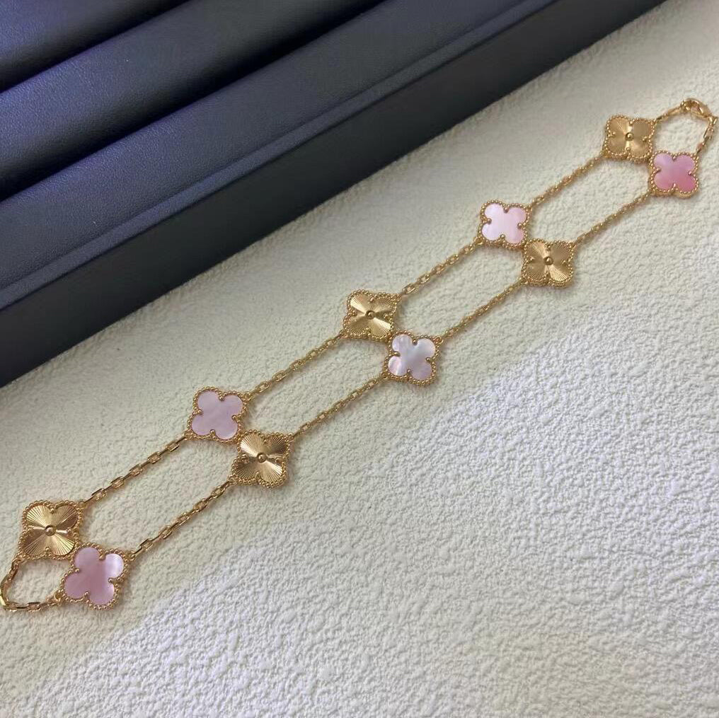 [Elara jewelsry ]CLOVER 10 MOTIFS  LASER PINK MOP NECKLACE