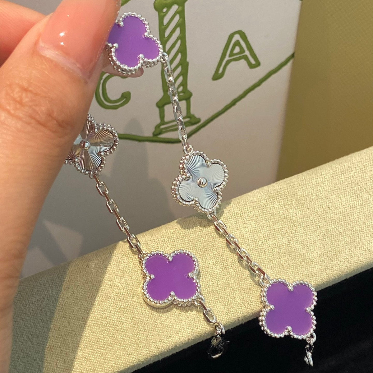 [Elara jewelsry ]CLOVER  5 MOTIFS  PURPLE VIOLET BRACELET SILVER