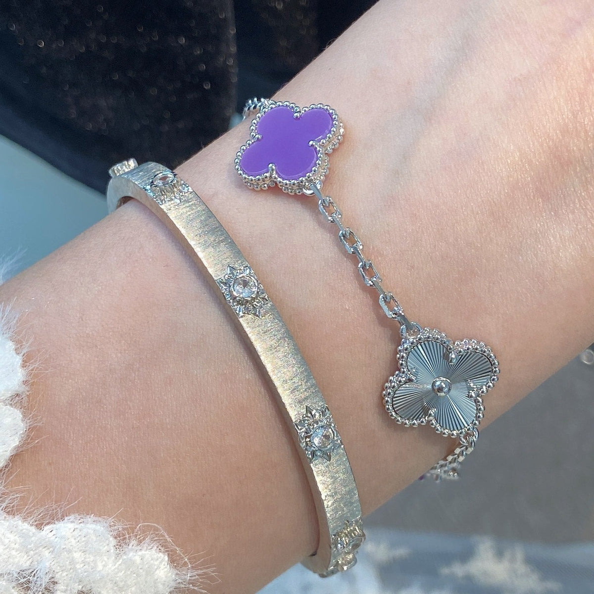 [Elara jewelsry ]CLOVER  5 MOTIFS  PURPLE VIOLET BRACELET SILVER