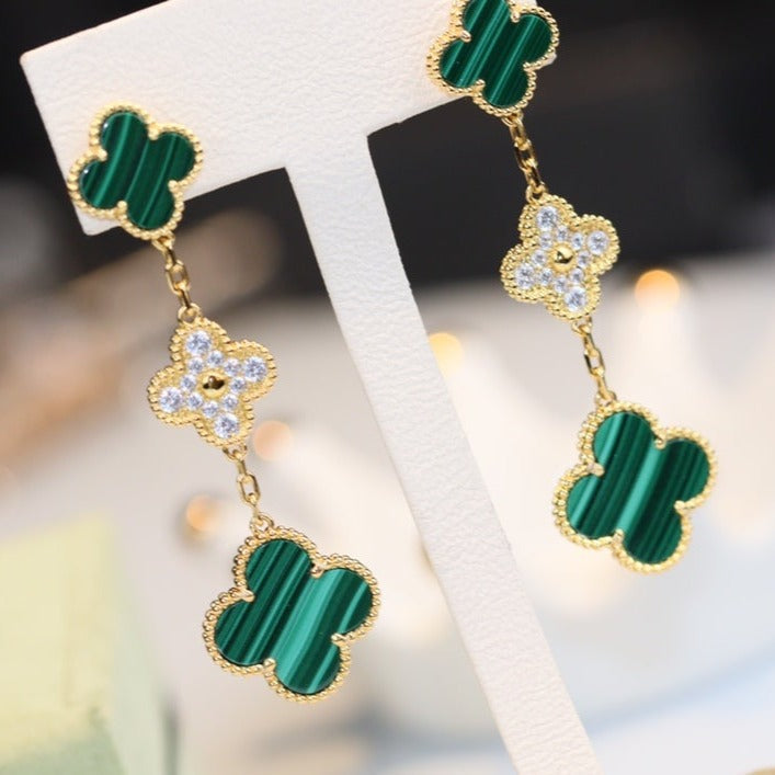 [Elara jewelsry ]CLOVER EARRINGS GOLD MALACHITE DIAMOND 3 MOTIF