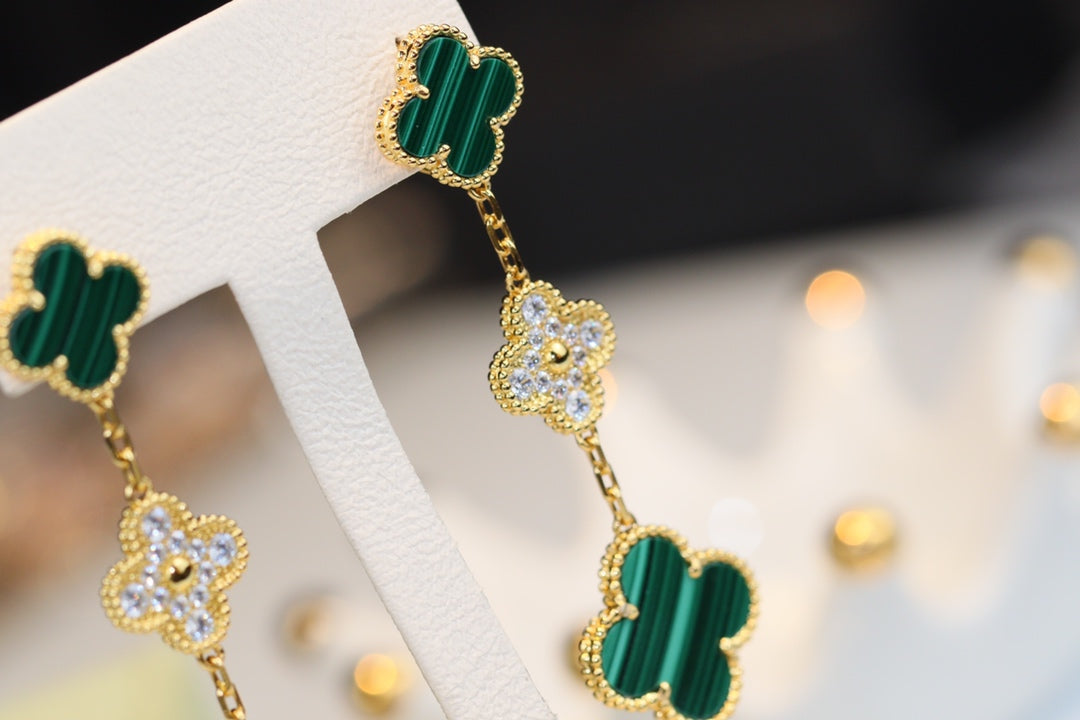 [Elara jewelsry ]CLOVER EARRINGS GOLD MALACHITE DIAMOND 3 MOTIF