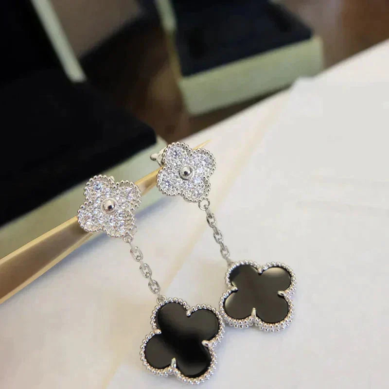[Elara jewelsry ]CLOVER 2 MOTIFS  DIAMOND ONYX EARRINGS SILVER