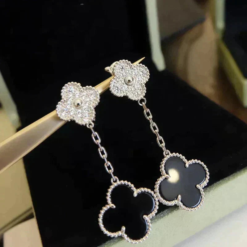 [Elara jewelsry ]CLOVER 2 MOTIFS  DIAMOND ONYX EARRINGS SILVER
