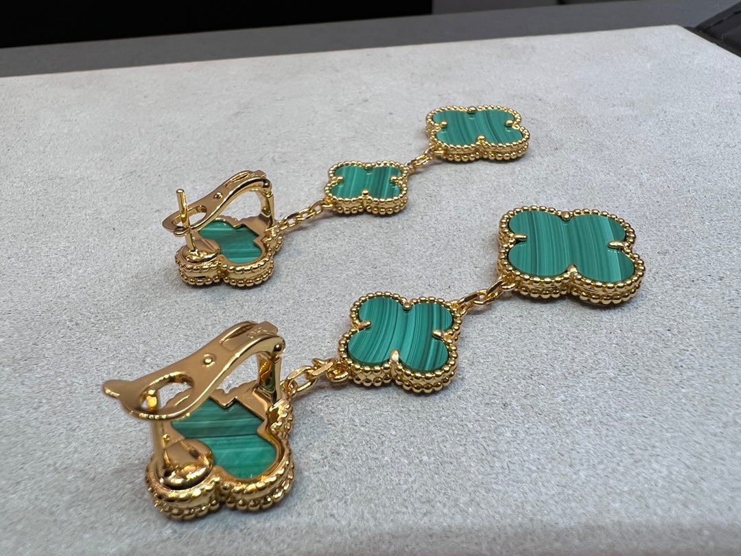 [Elara jewelsry ]CLOVER MALACHITE 3 MOTIFS GOLD