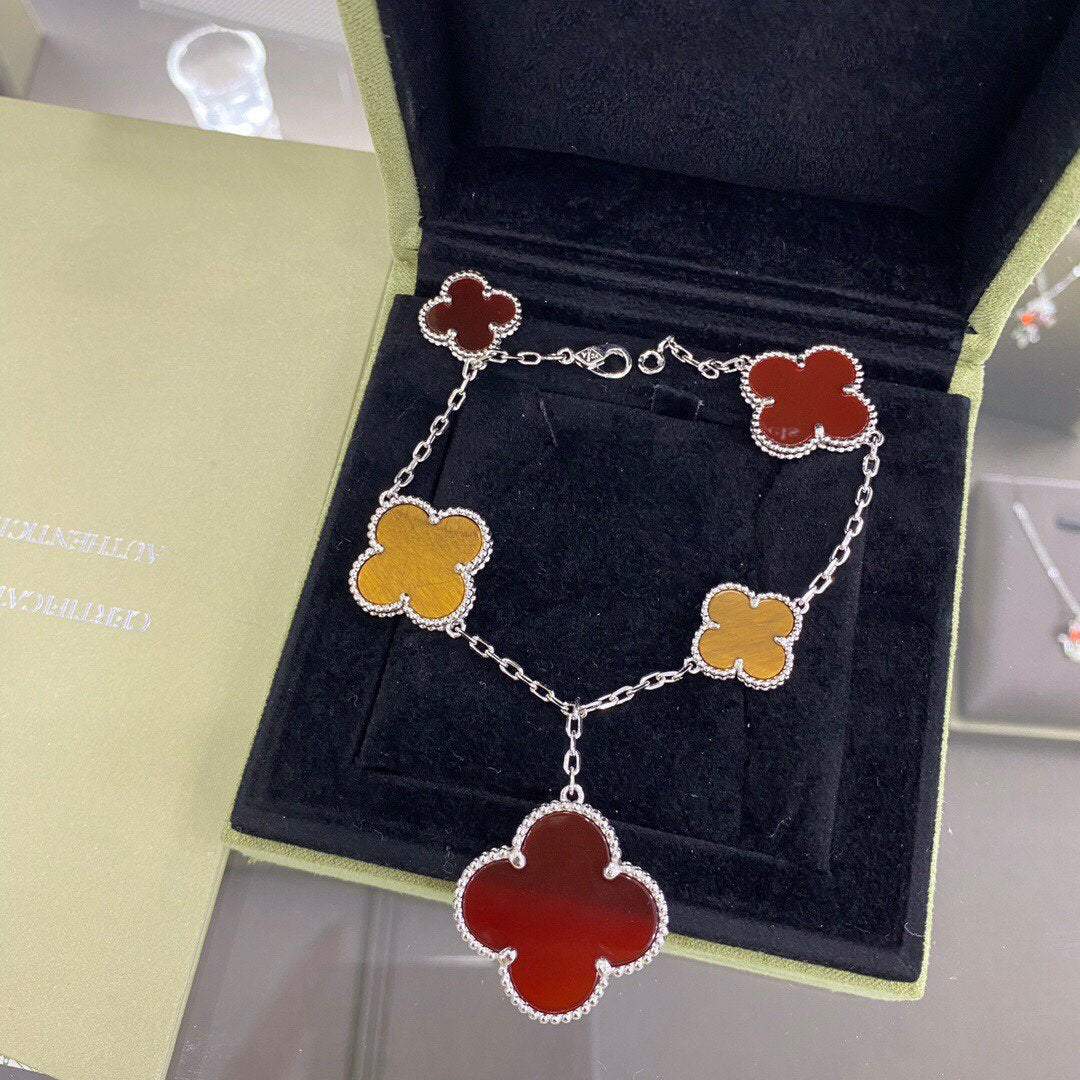 [Elara jewelsry ]CLOVER 5 MOTIFS SIVLER CARNELIAN TIGER EYE BRACELET
