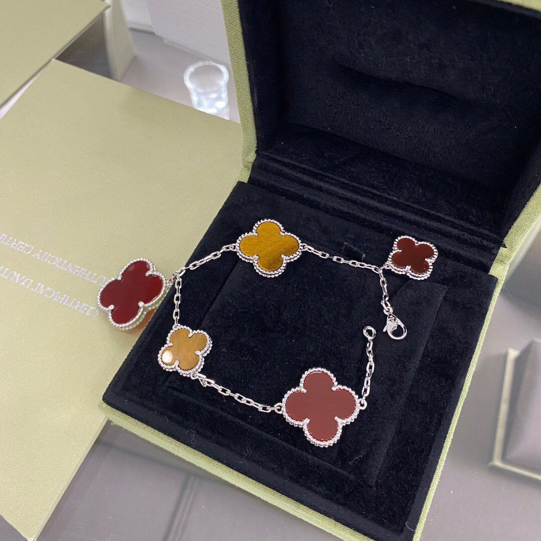 [Elara jewelsry ]CLOVER 5 MOTIFS SIVLER CARNELIAN TIGER EYE BRACELET