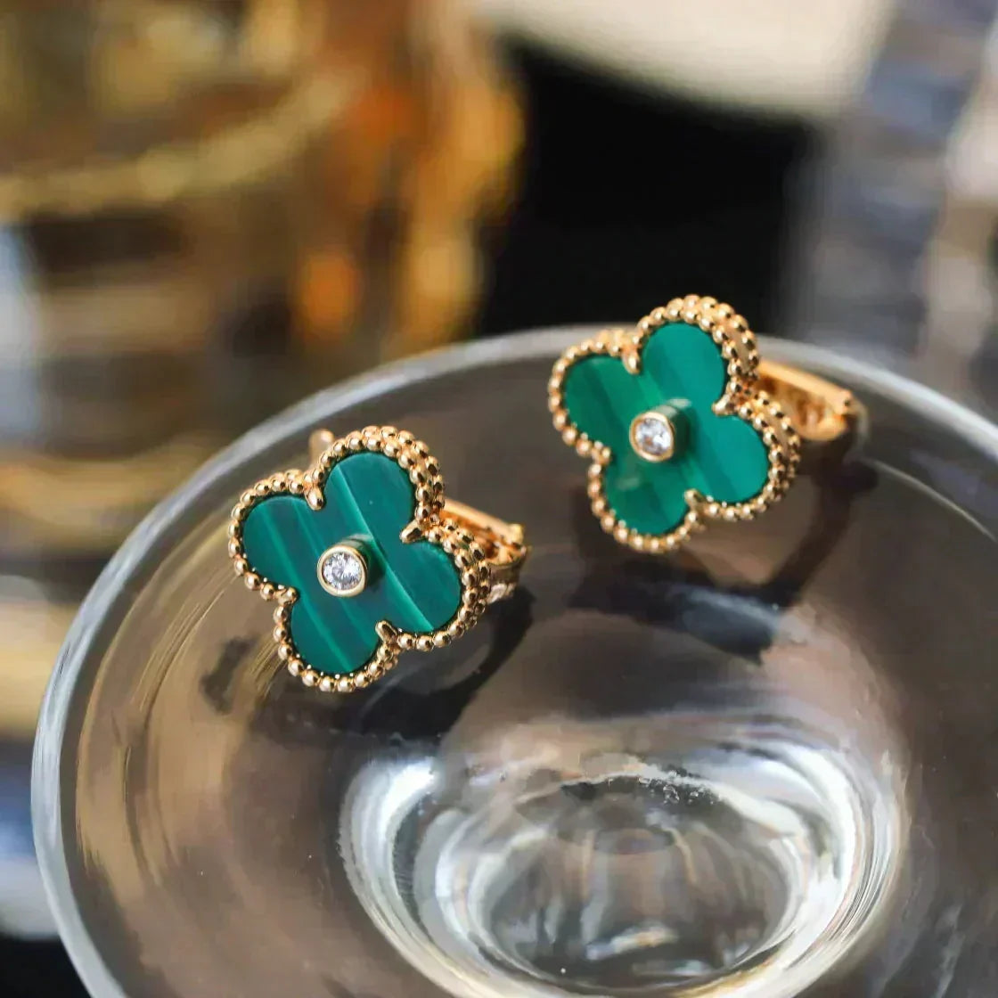 [Elara jewelsry ]CLOVER MEDIUM 1 MOTIFS MALACHITE DIAMOND EARRINGS