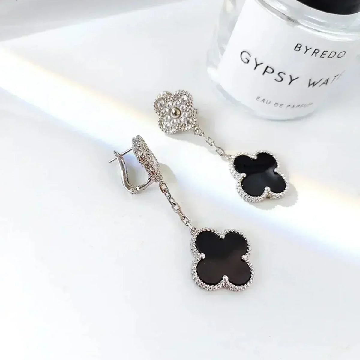 [Elara jewelsry ]CLOVER 2 MOTIFS  DIAMOND ONYX EARRINGS SILVER