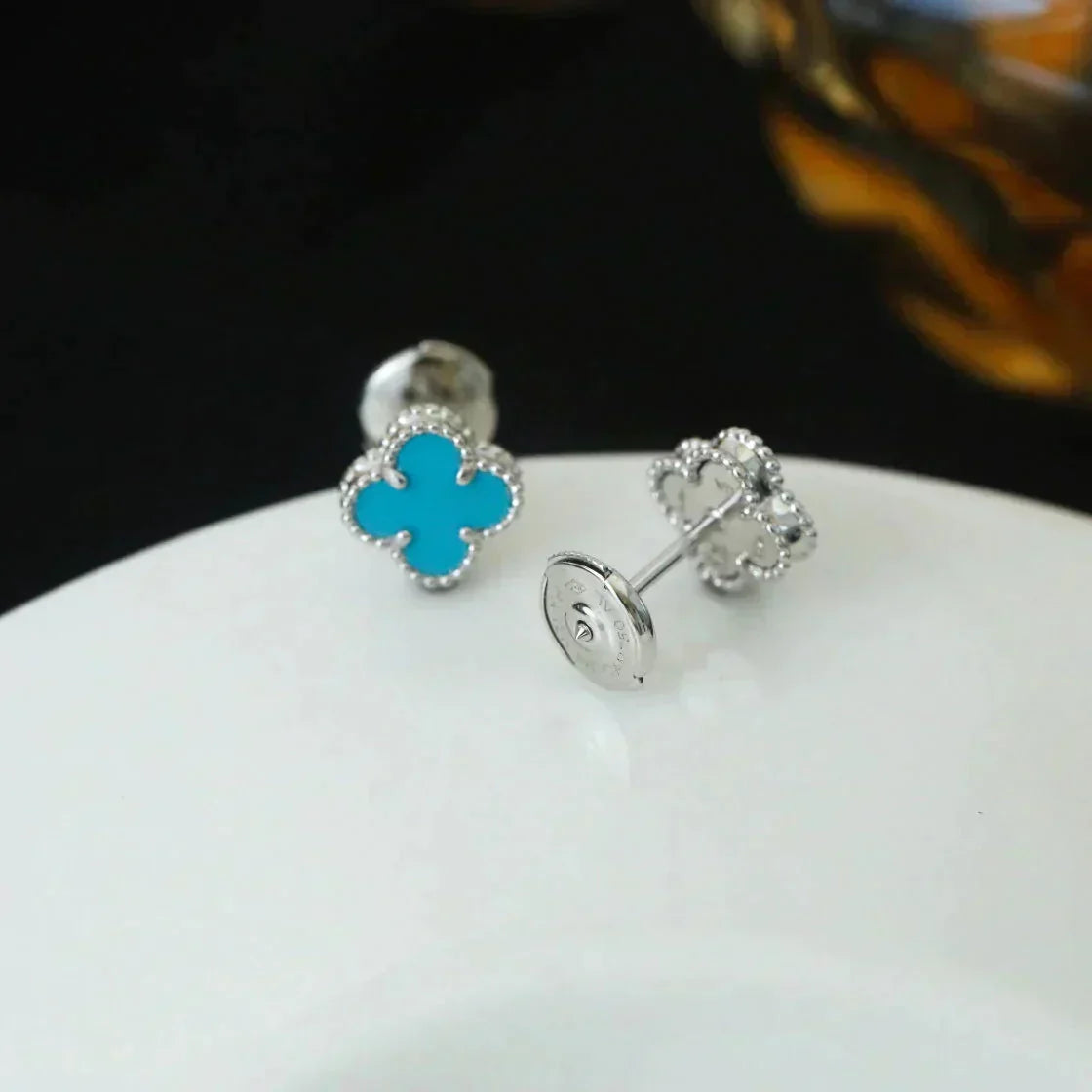 [Elara jewelsry ]CLOVER MINI 9.5MM ONYX STUD EARRINGS SILVER