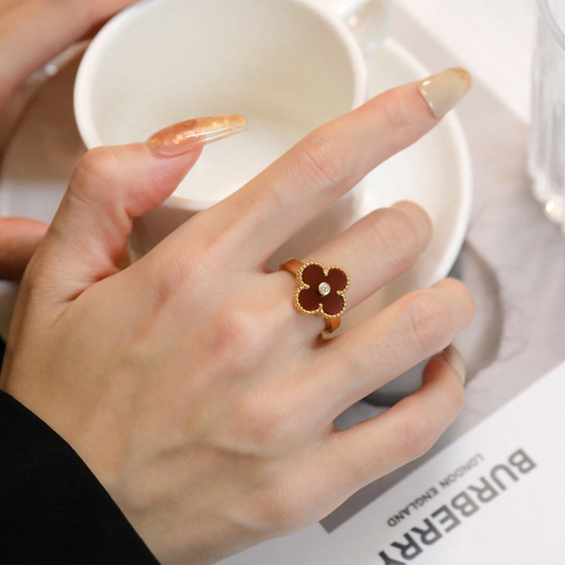 [Elara jewelsry ]CLOVER CARNELIAN RING ROSE GOLD DIAMOND