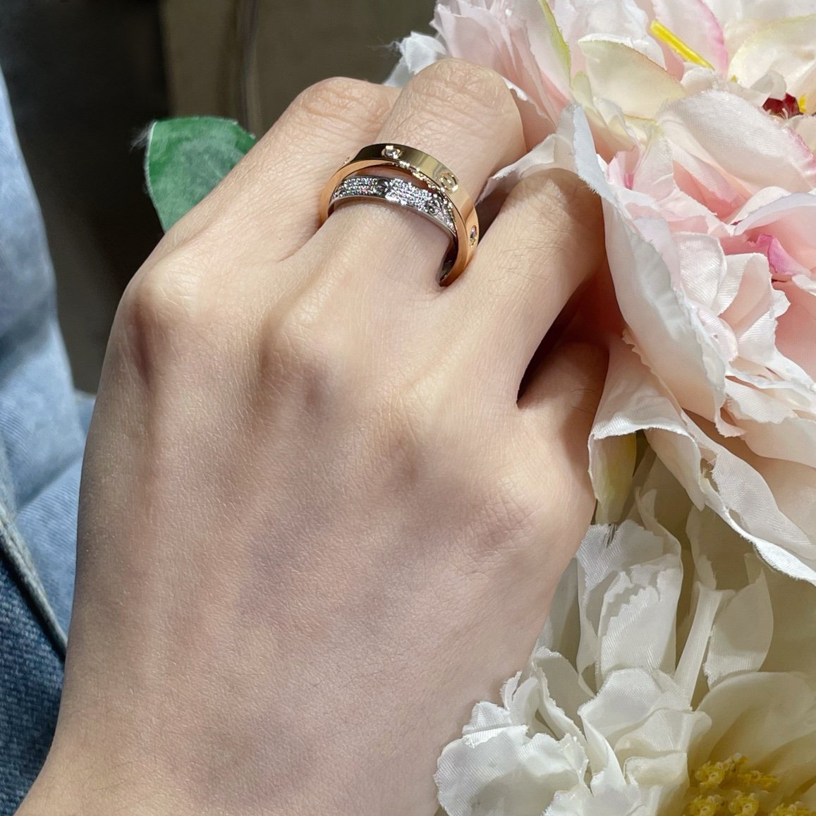 [Elara jewelsry ]LOVE PINK GOLD SILVER DIAMOND DOUBLE RING