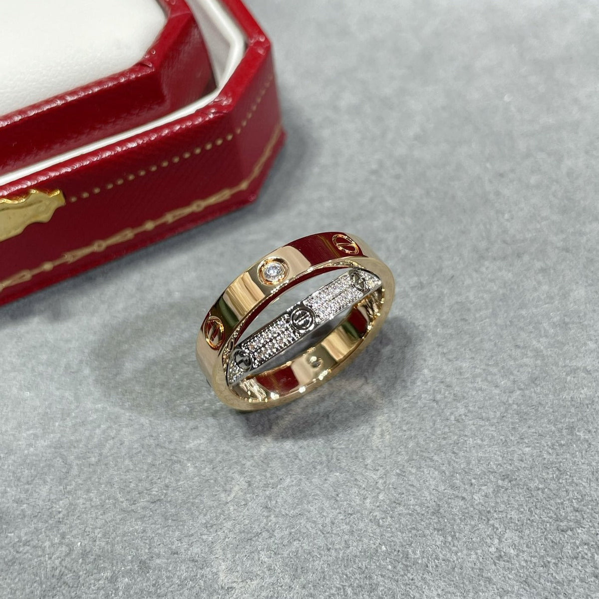 [Elara jewelsry ]LOVE PINK GOLD SILVER DIAMOND DOUBLE RING