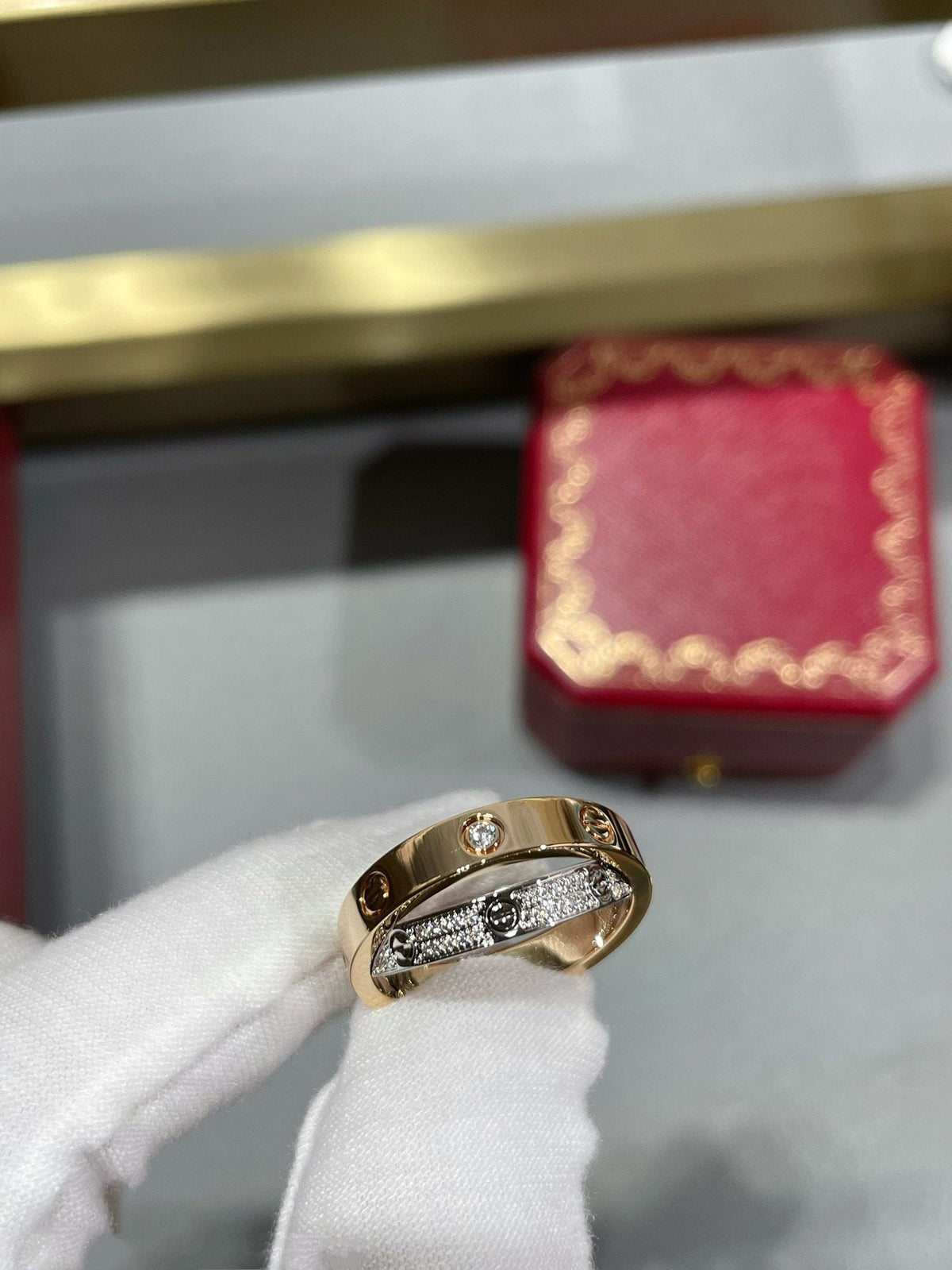 [Elara jewelsry ]LOVE PINK GOLD SILVER DIAMOND DOUBLE RING
