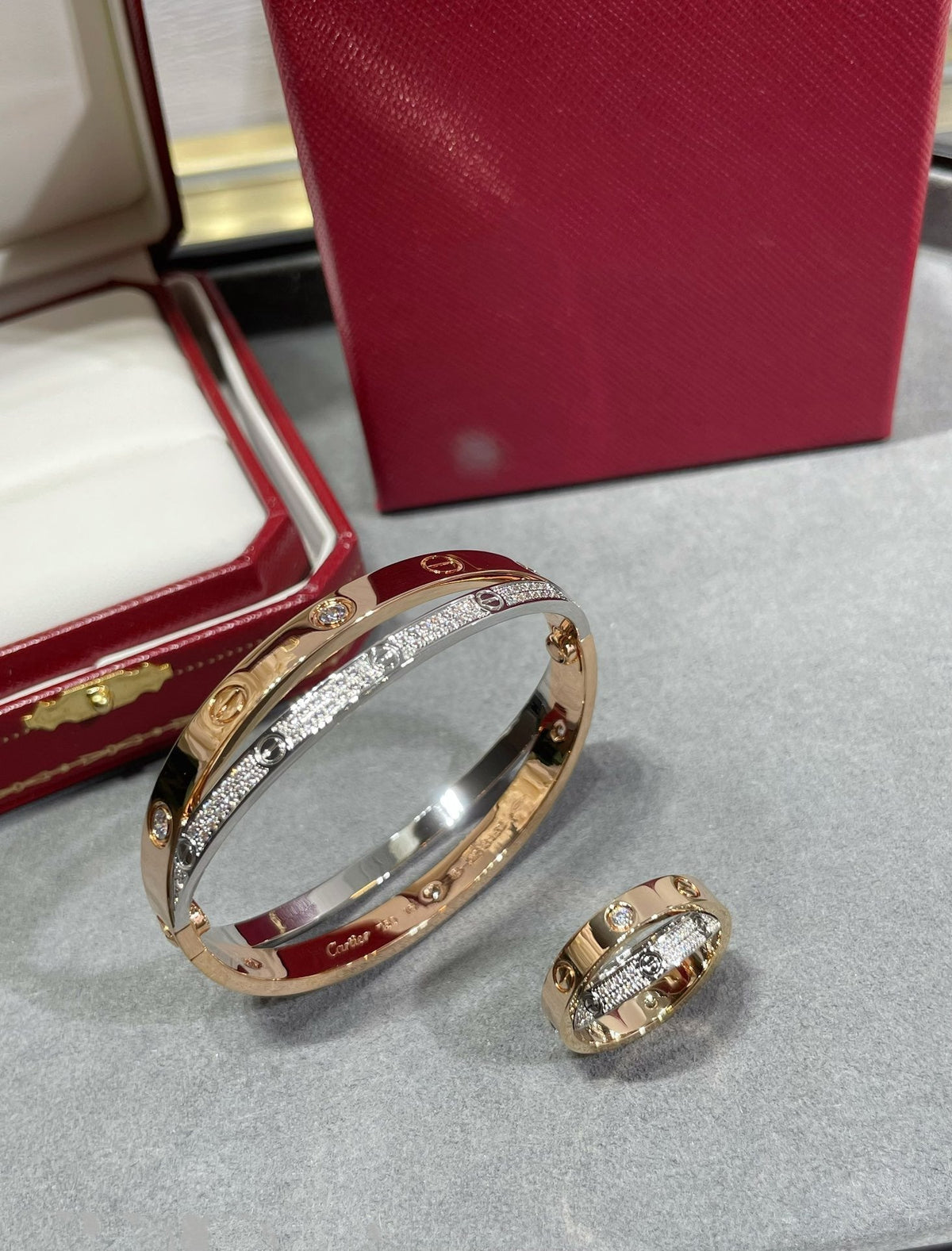 [Elara jewelsry ]LOVE PINK GOLD SILVER DIAMOND DOUBLE RING