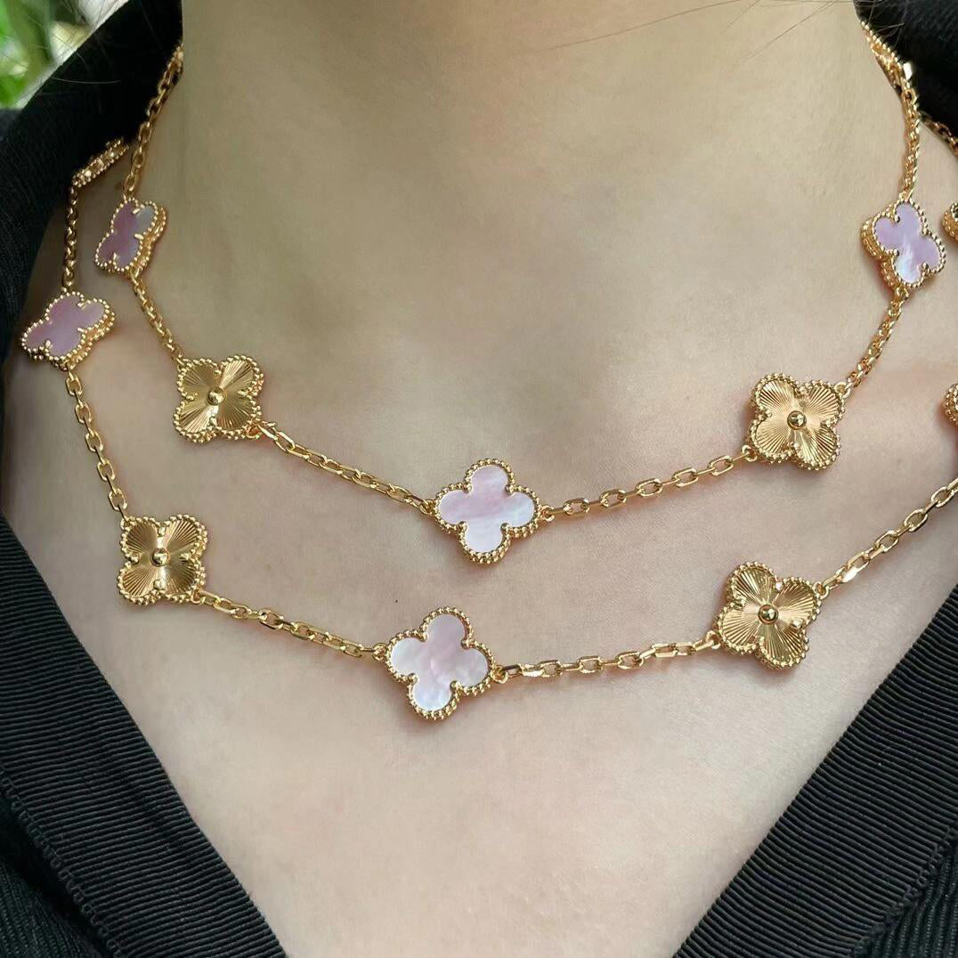 [Elara jewelsry ]CLOVER 20 MOTIFS LASER PINK MOP NECKLACE