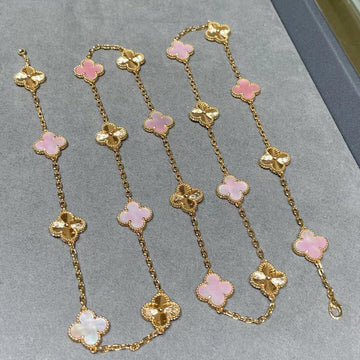 [Elara jewelsry ]CLOVER 20 MOTIFS LASER PINK MOP NECKLACE