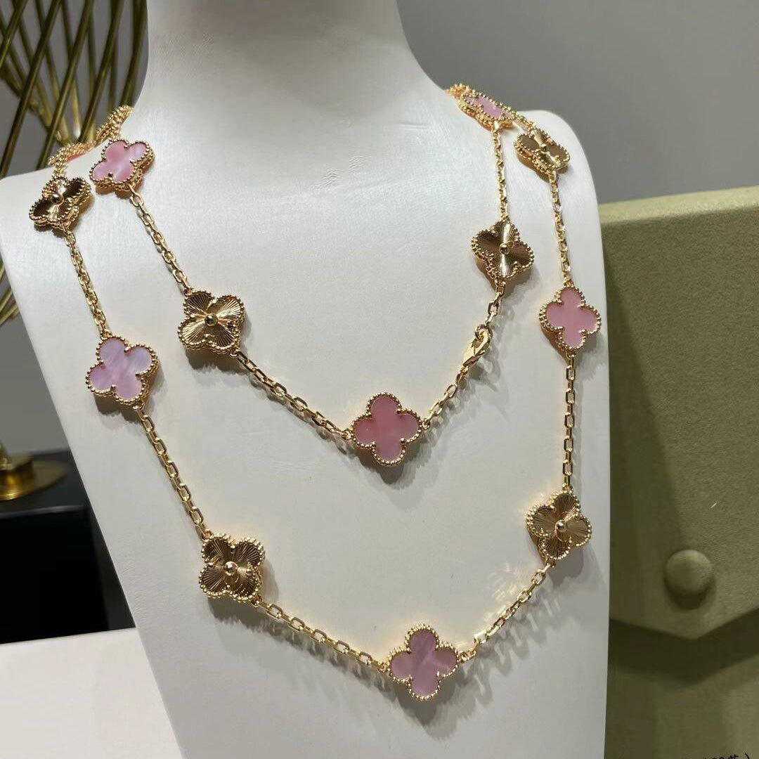 [Elara jewelsry ]CLOVER 20 MOTIFS LASER PINK MOP NECKLACE