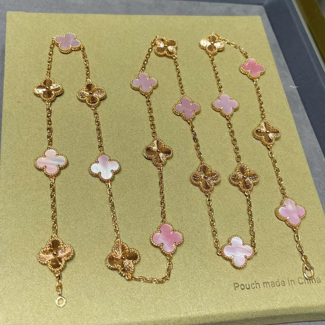 [Elara jewelsry ]CLOVER 20 MOTIFS LASER PINK MOP NECKLACE