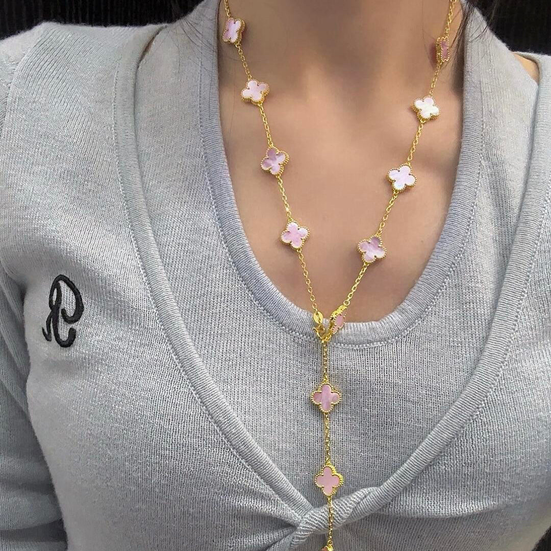 [Elara jewelsry ]CLOVER 20 MOTIFS PINK MOP NECKLACE