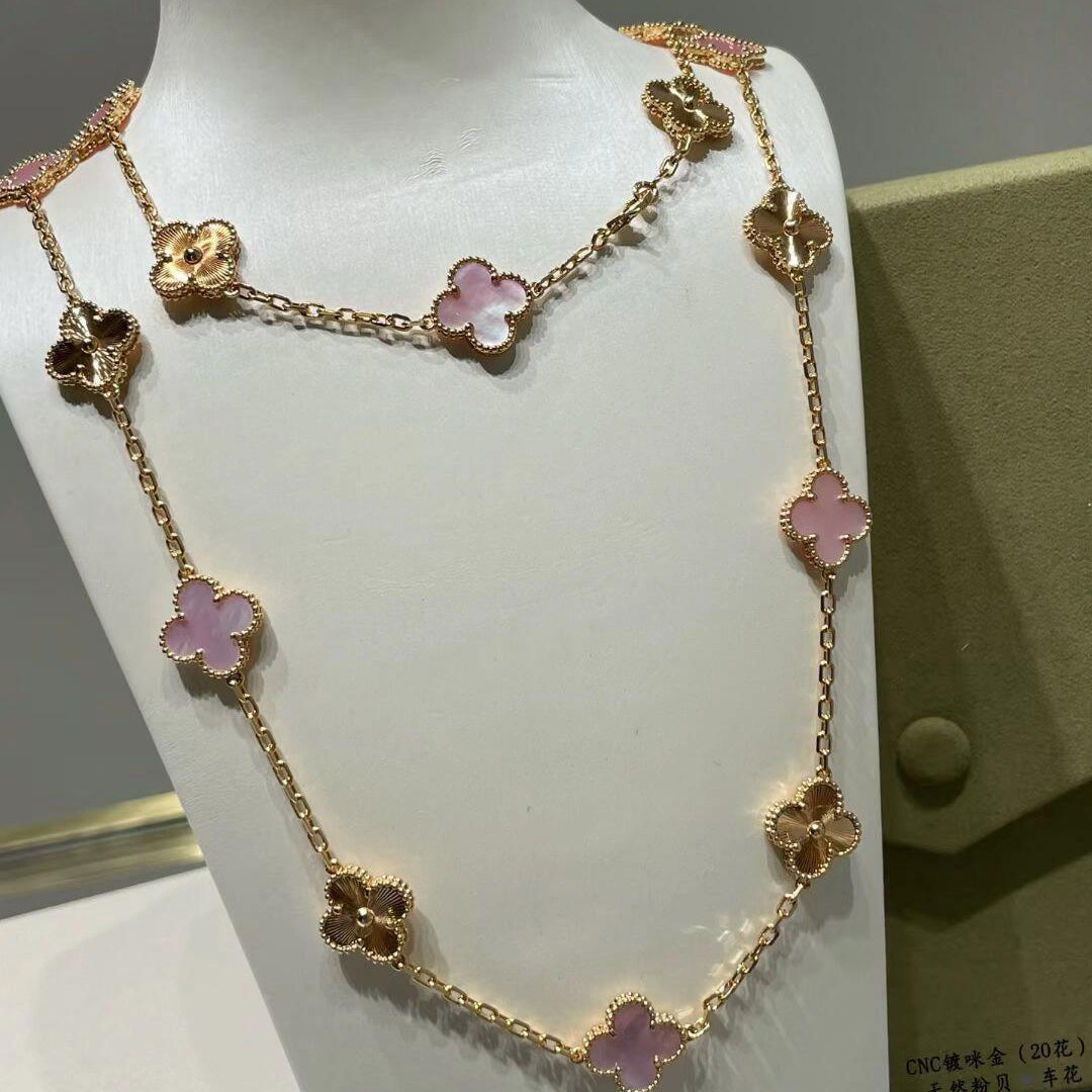 [Elara jewelsry ]CLOVER 20 MOTIFS LASER PINK MOP NECKLACE
