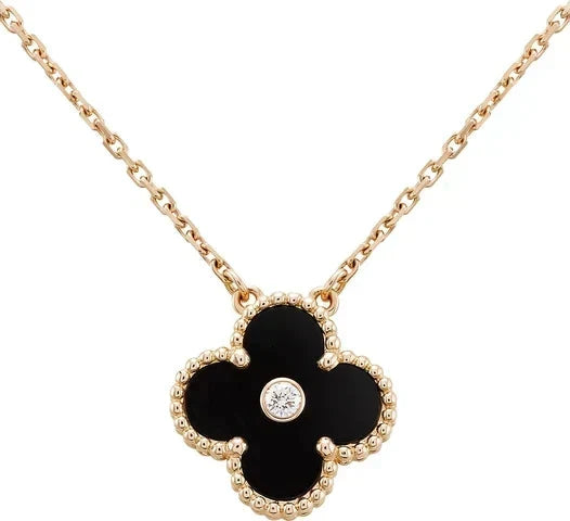 [Elara jewelsry ]CLOVER 15MM DIAMOND ONYX NECKLACE