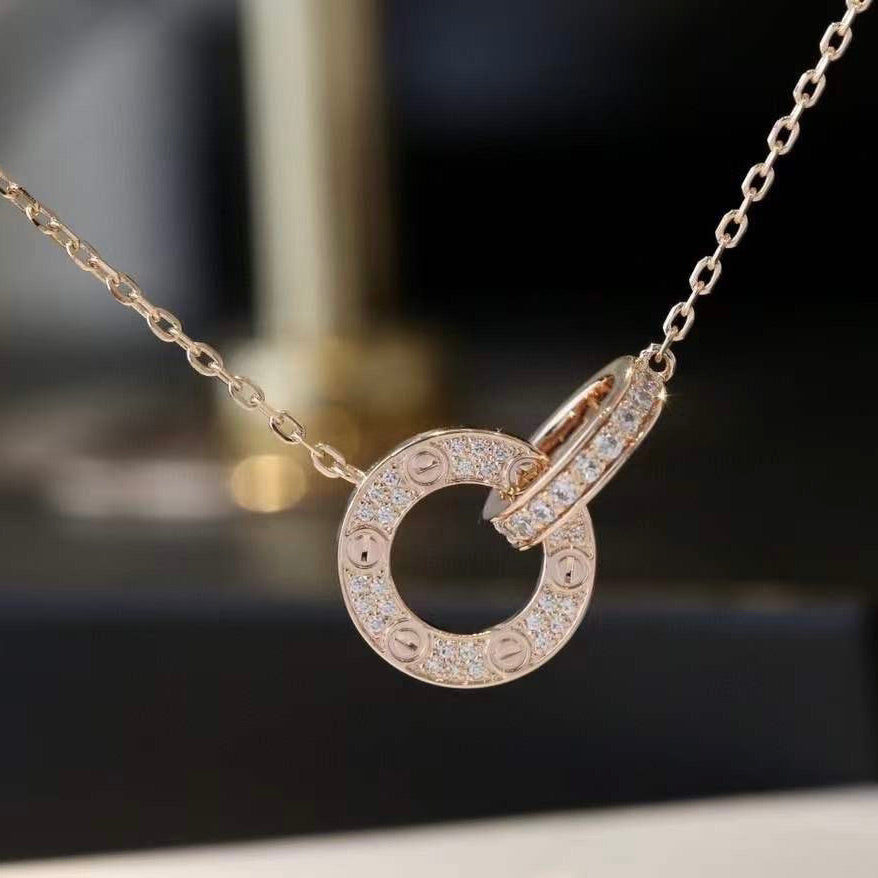[Elara jewelsry ]LOVE 7.6MM NECKLACE ROSE GOLD AND SILVER  FULL DIAMOND