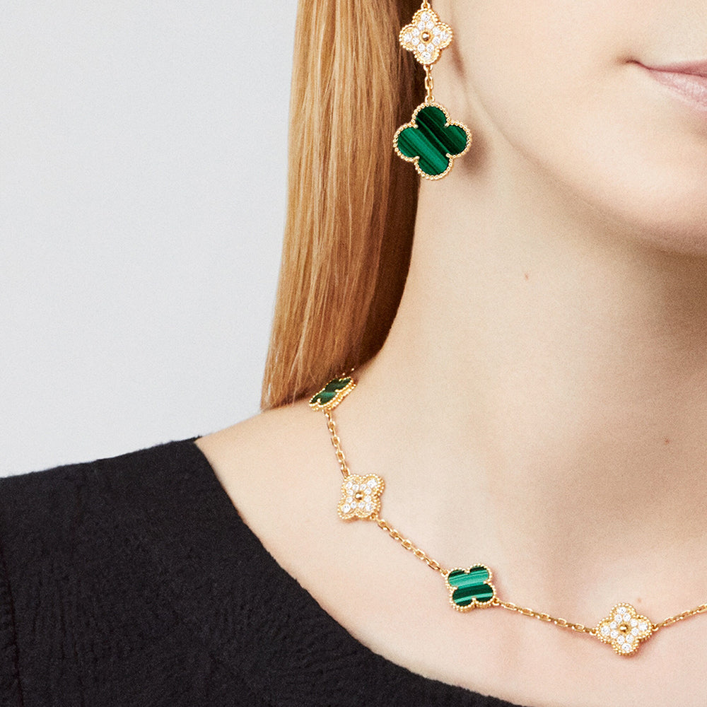 [Elara jewelsry ]CLOVER 10 MOTIFS MALACHITE DIAMOND NECKLACE