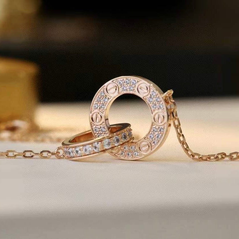 [Elara jewelsry ]LOVE 7.6MM NECKLACE ROSE GOLD AND SILVER  FULL DIAMOND