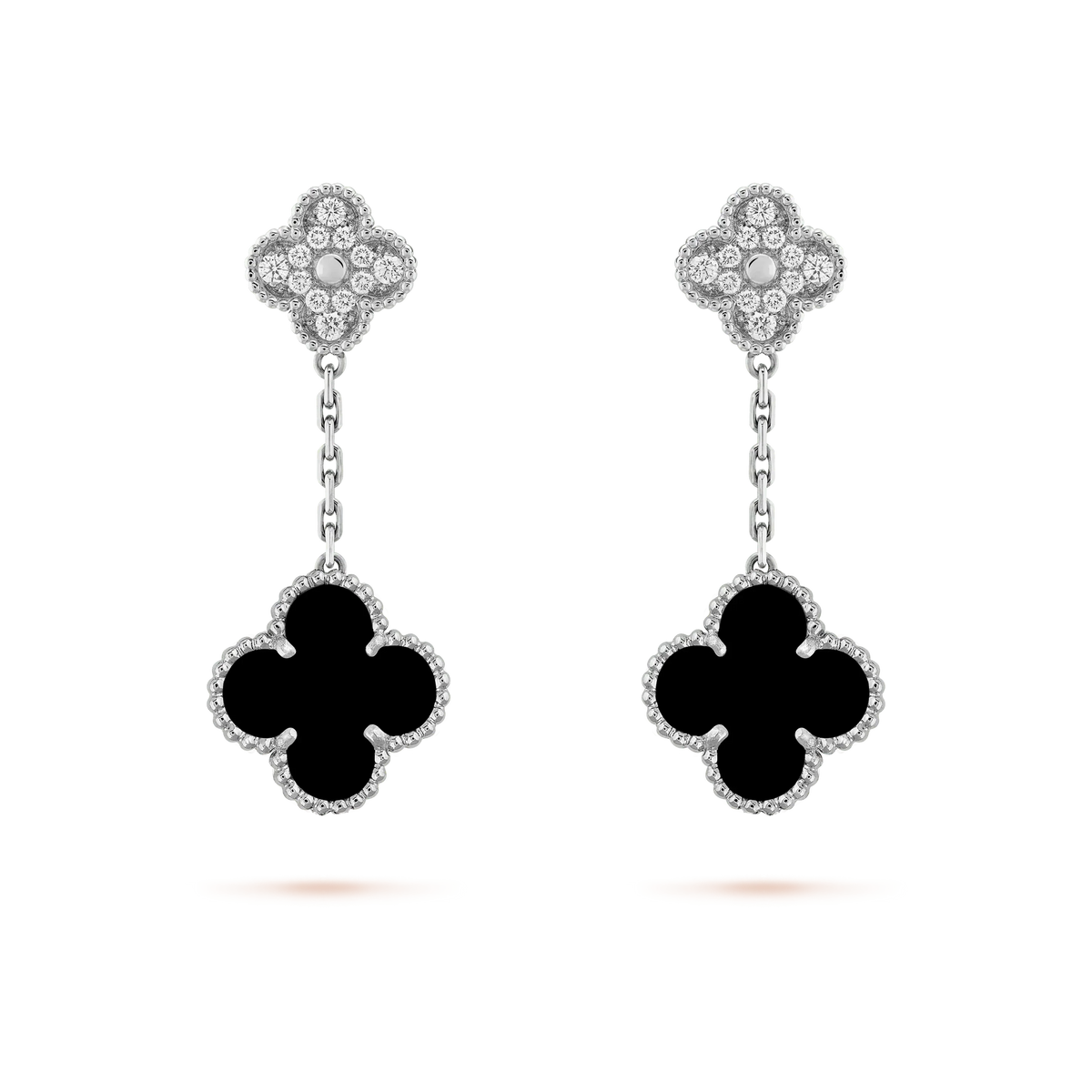 [Elara jewelsry ]CLOVER 2 MOTIFS  DIAMOND ONYX EARRINGS SILVER