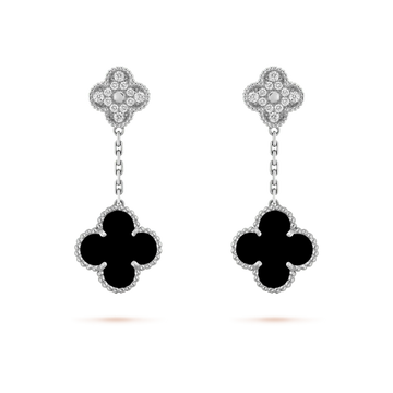 [Elara jewelsry ]CLOVER 2 MOTIFS  DIAMOND ONYX EARRINGS SILVER