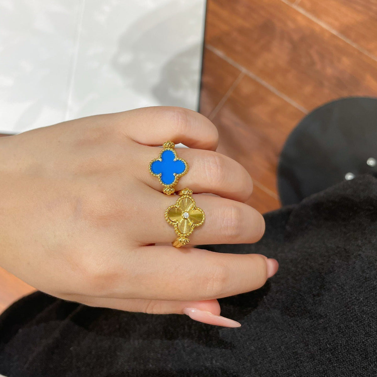 [Elara jewelsry ]CLOVER RIVERSIBLE BLUE AGATE RING