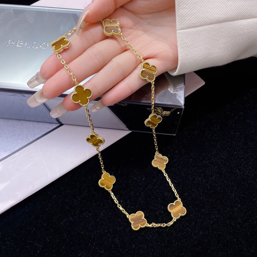 [Elara jewelsry ]CLOVER 10 MOTIFS TIGER EYE NECKLACE