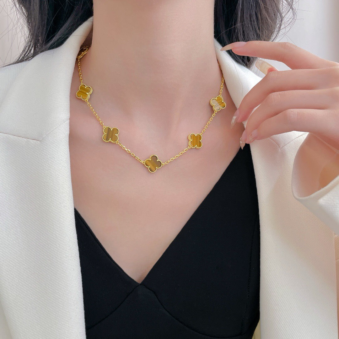 [Elara jewelsry ]CLOVER 10 MOTIFS TIGER EYE NECKLACE