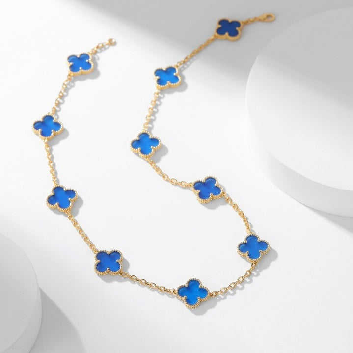[Elara jewelsry ]CLOVER 10 MOTIFS BLUE AGATE NECKLACE