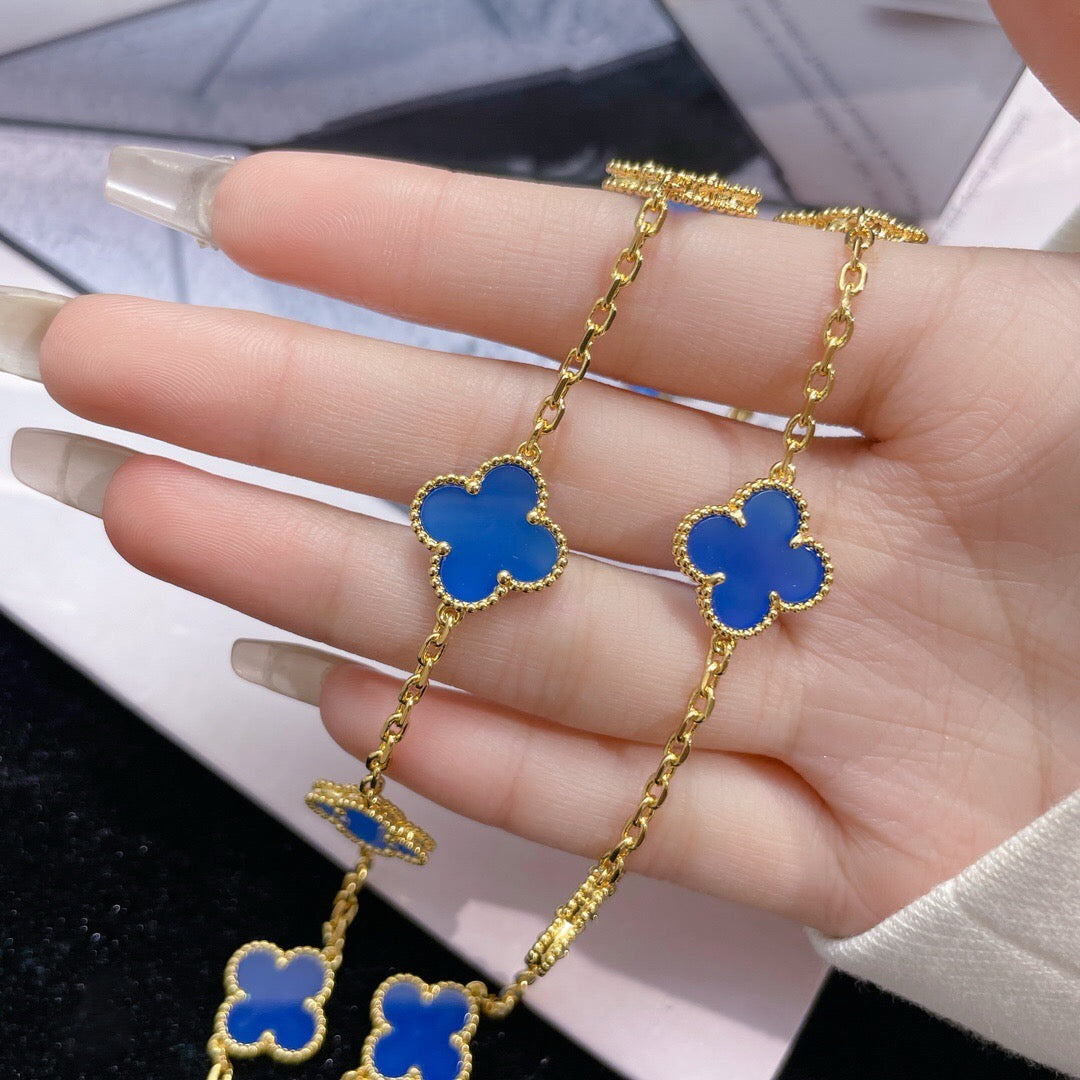 [Elara jewelsry ]CLOVER 10 MOTIFS BLUE AGATE NECKLACE