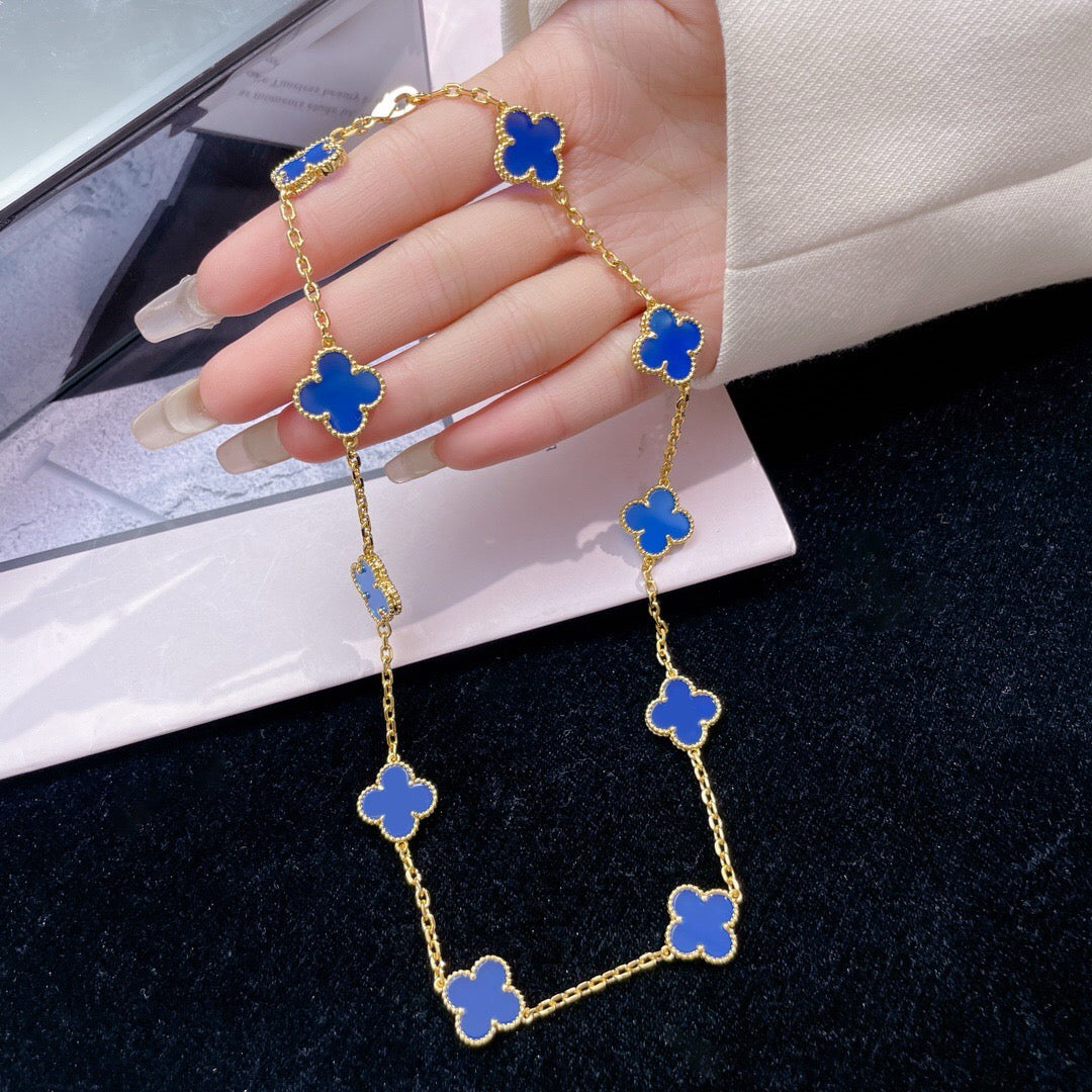 [Elara jewelsry ]CLOVER 10 MOTIFS BLUE AGATE NECKLACE