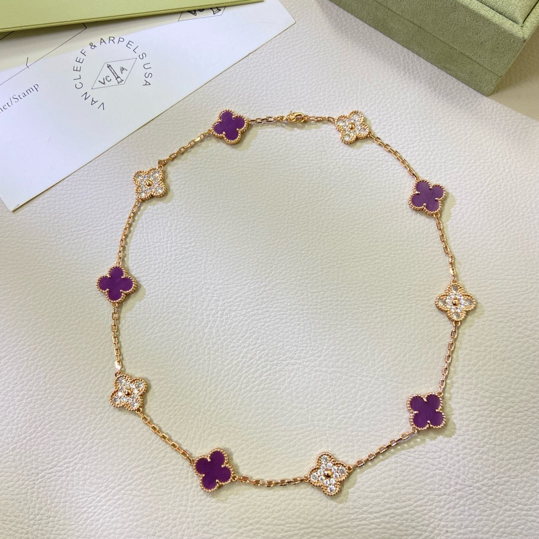 [Elara jewelsry ]CLOVER 10 MOTIFS  PURPLE VIOLET DIAMOND NECKLACE