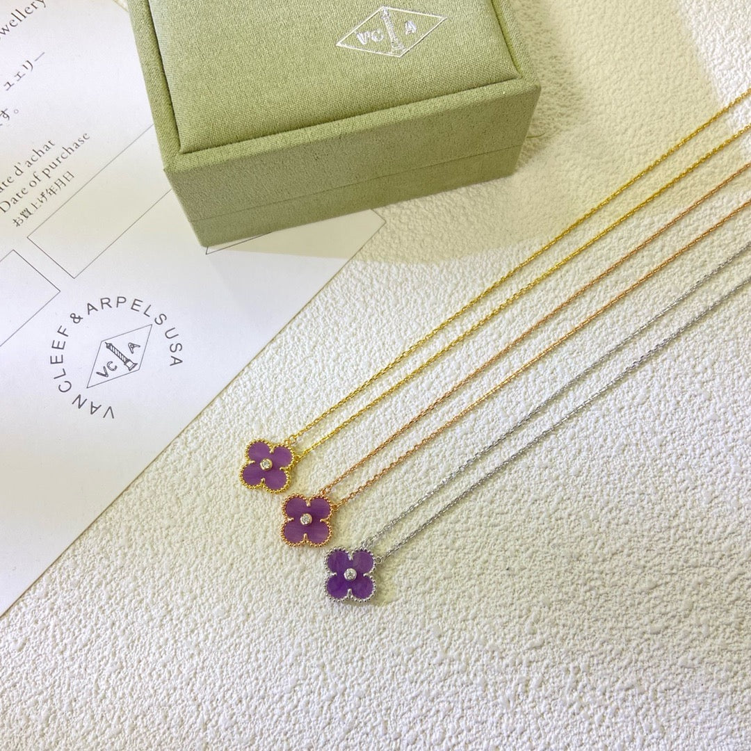 [Elara jewelsry ]CLOVER 15MM DIAMOND  PURPLE VIOLET NECKLACE