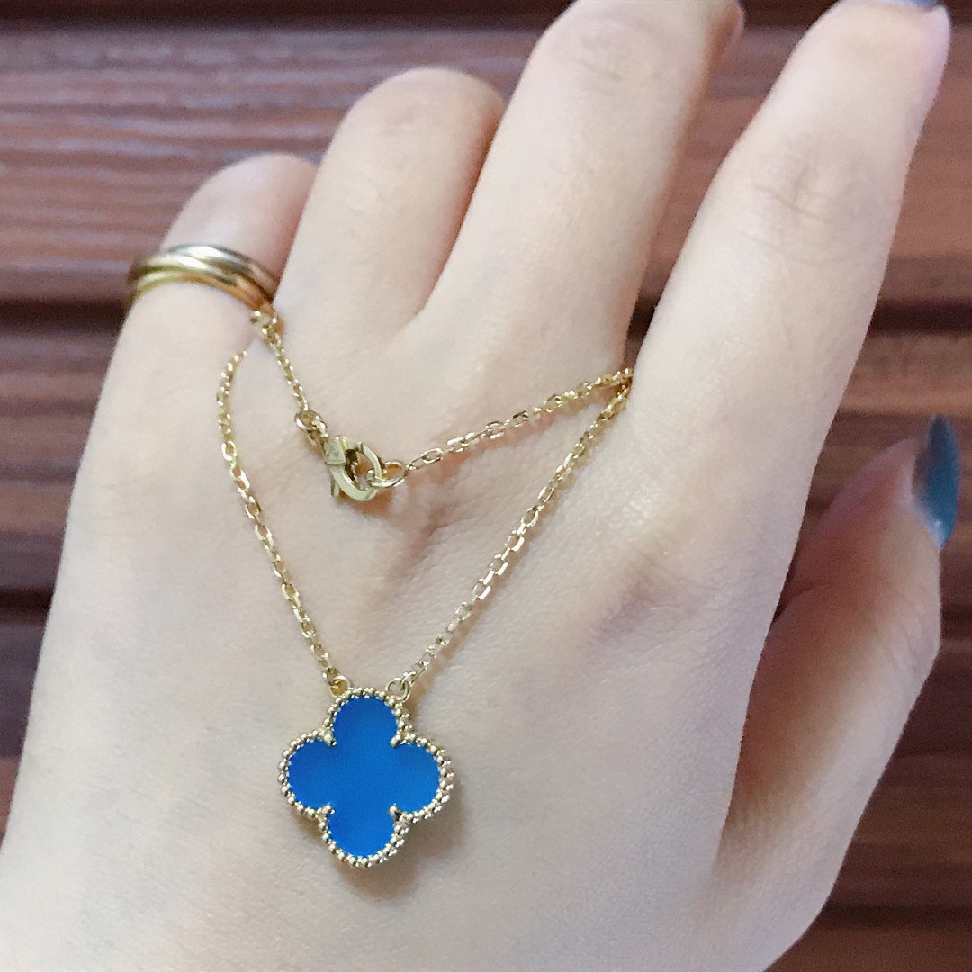 [Elara jewelsry ]CLOVER 15MM BLUE AGATE NECKLACE