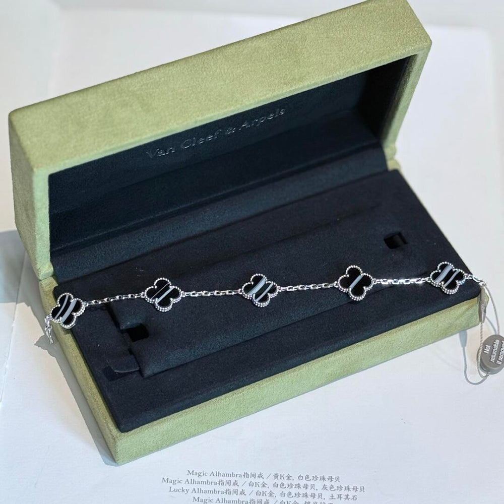 [Elara jewelsry ]CLOVER 5 MOTIF VEINED ONYX BRACELET SILVER