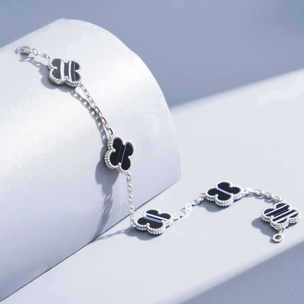[Elara jewelsry ]CLOVER 5 MOTIF VEINED ONYX BRACELET SILVER