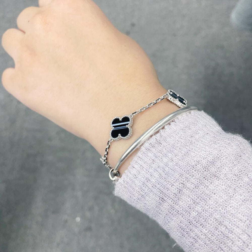 [Elara jewelsry ]CLOVER 5 MOTIF VEINED ONYX BRACELET SILVER